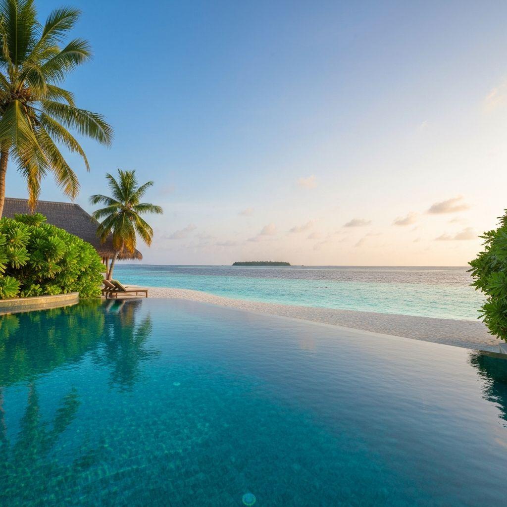 A Maldives resort island, over-water villas and turquoise lagoon from above