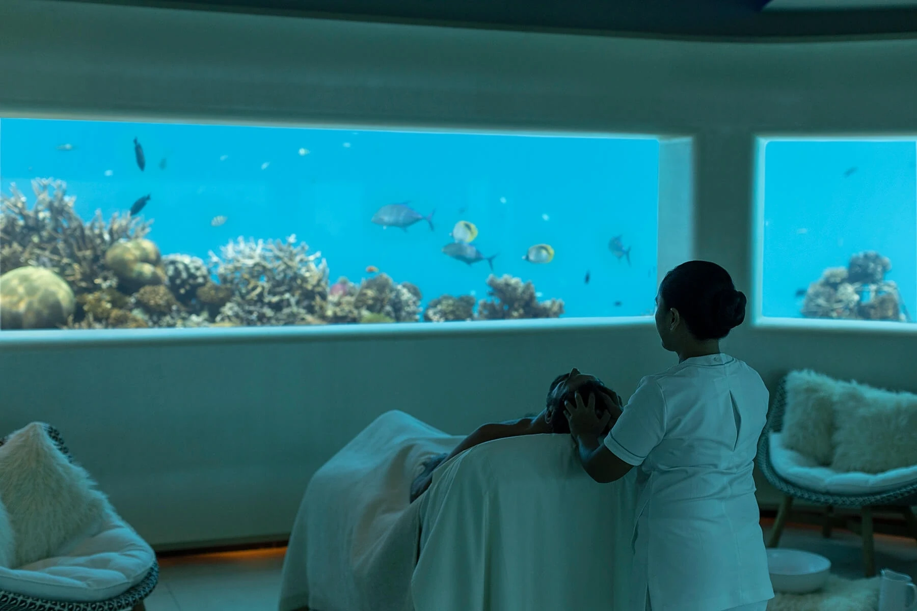 A treatment in Huvafen Fushi's underwater spa overlooking the reef