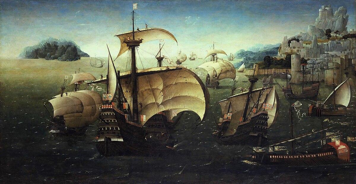 A Portuguese nau at sea — the kind of vessel anchored in Malé harbour.