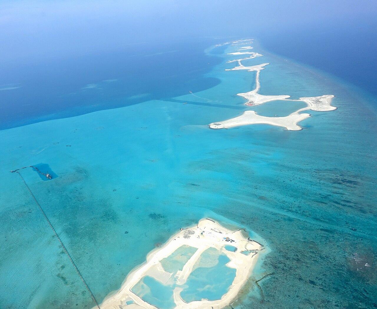Aerial view of the reclaimed artificial islands of the Maldives, 2019
