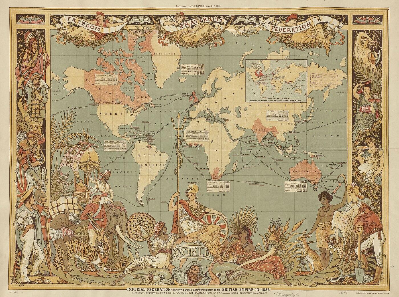 Walter Crane's 1886 Imperial Federation map showing the extent of the British Empire in pink