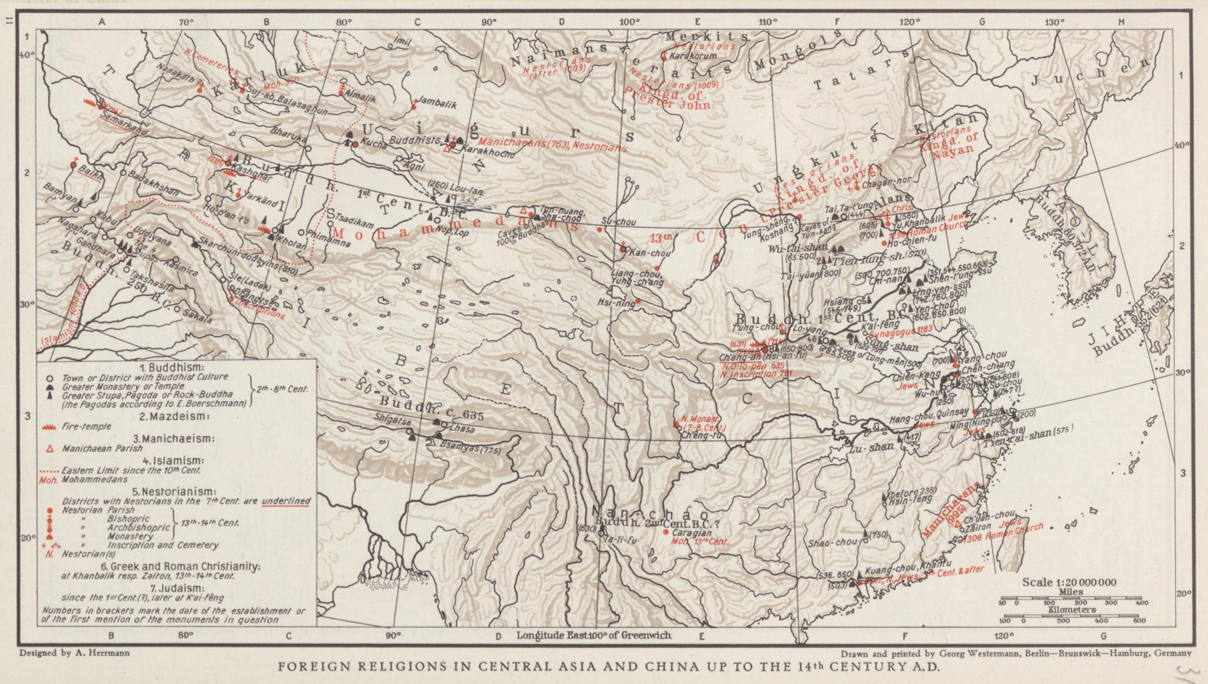 Historical map of Buddhism and other foreign religions across Central Asia and China up to the 14th century
