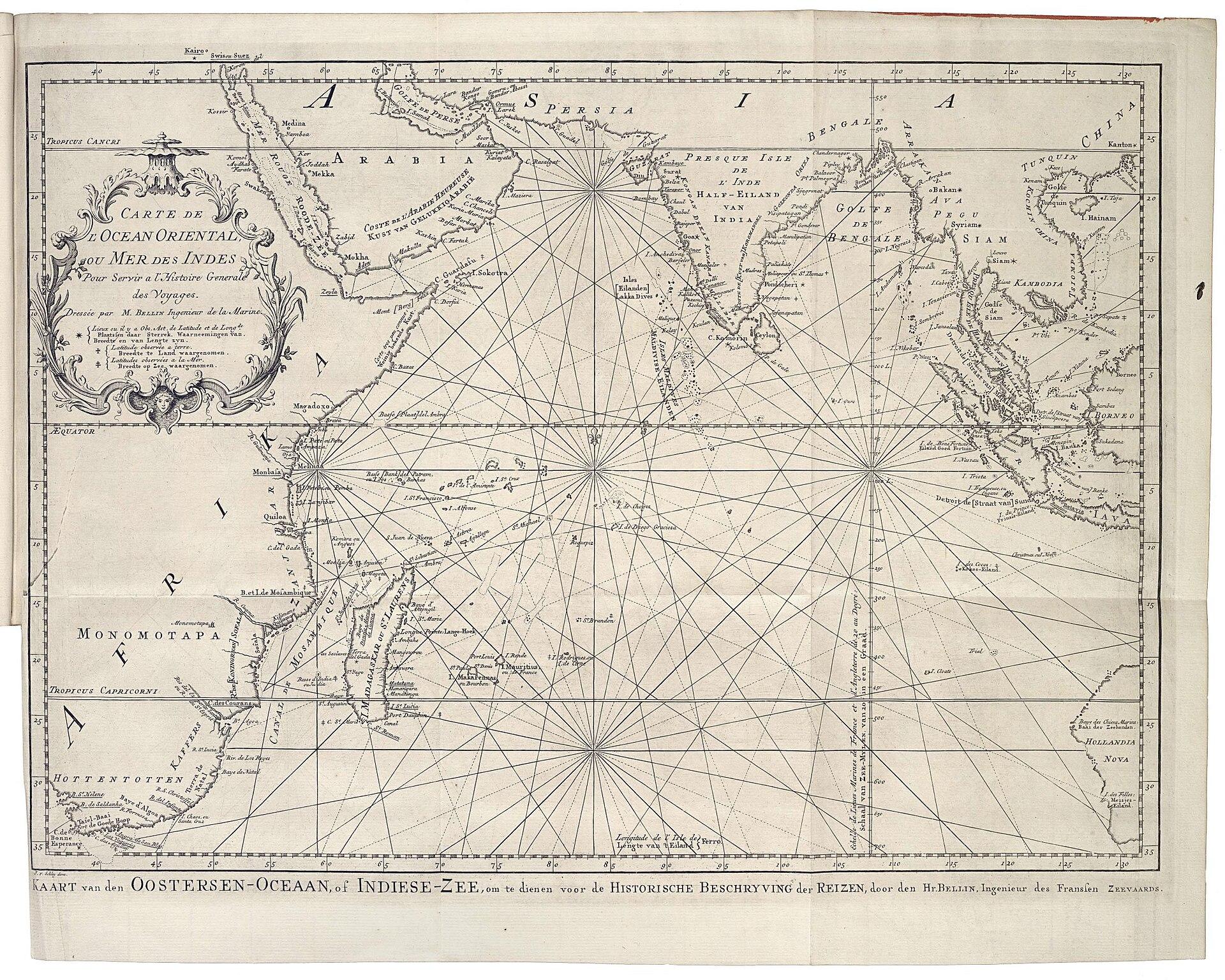 Eighteenth-century Dutch chart of the Indian Ocean with the Maldives marked between India and the Cape