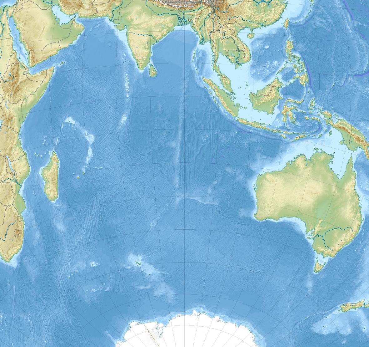 Modern relief map of the Indian Ocean showing the coastlines of Africa, Arabia, South Asia and Australia