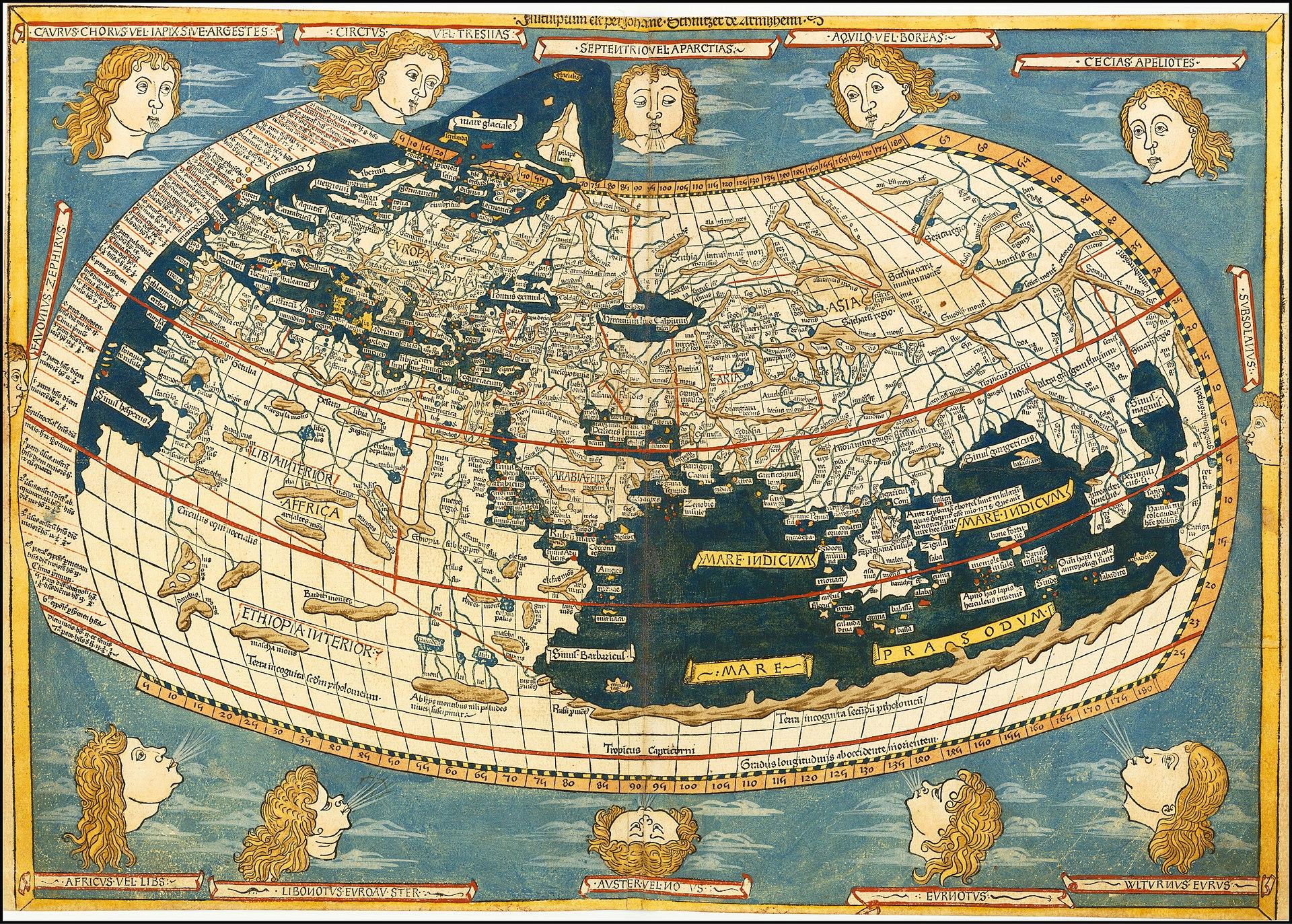1482 Ulm edition of Ptolemy's world map showing the Indian Ocean as an enclosed sea