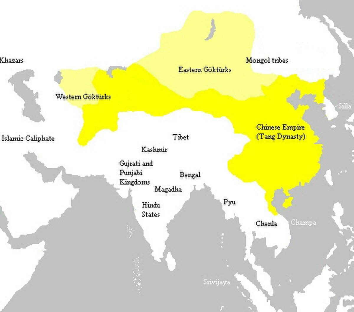The Tang Empire at its greatest extent in 669 CE, spanning from Korea to Central Asia