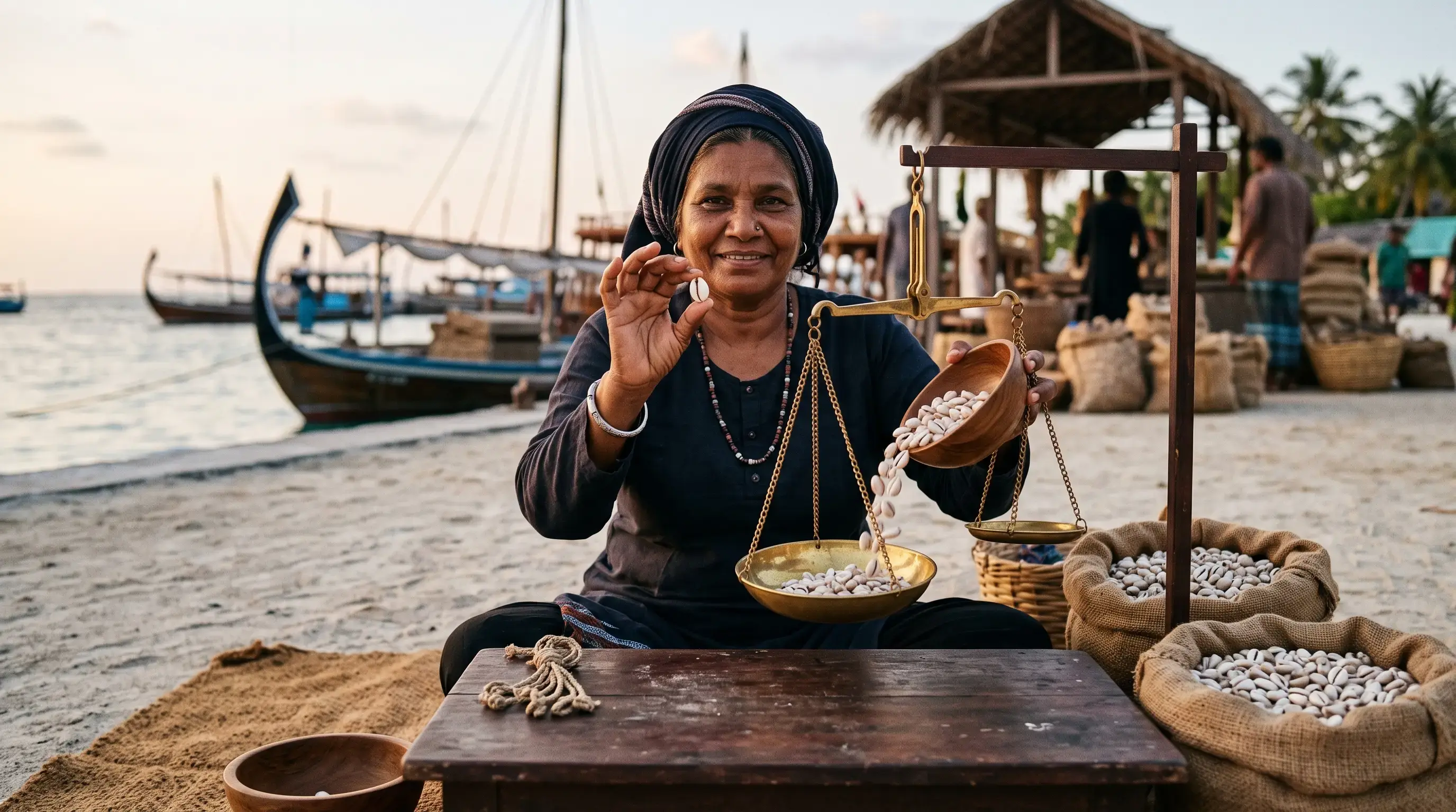 Artistic reconstruction of a Maldivian cowrie merchant weighing shells, 14th century