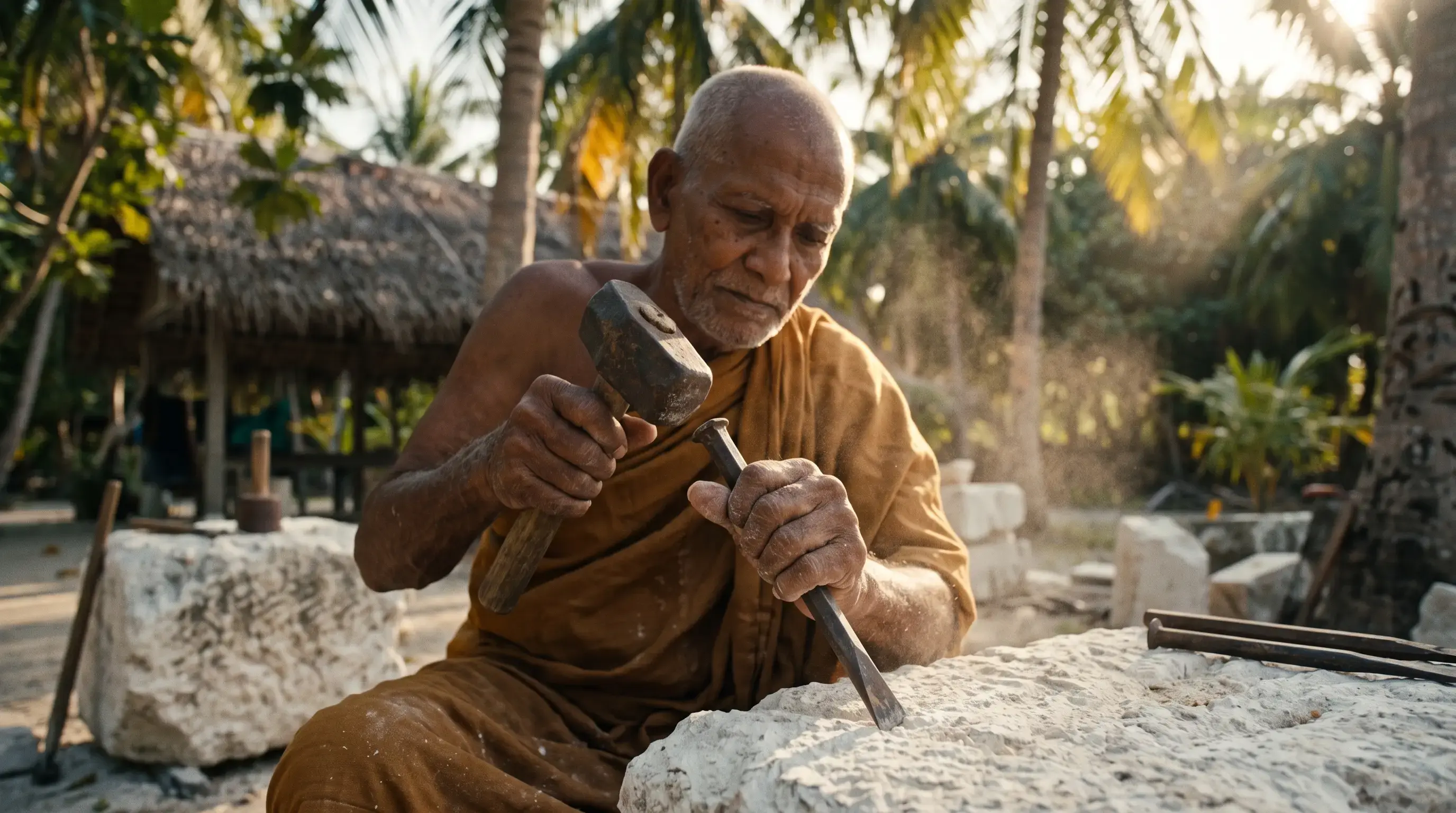 Artistic reconstruction of a monk stonemason carving coral stone, c. 600 CE