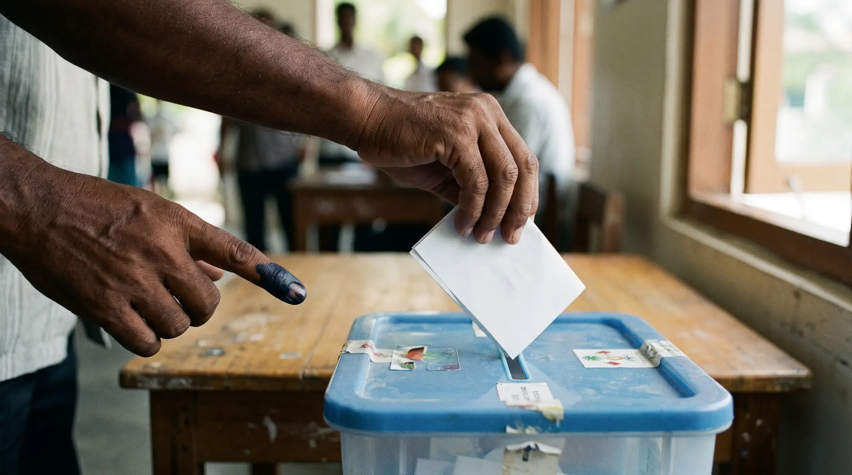 Artistic reconstruction: hands holding a ballot above a ballot box, an ink-marked finger, 2008