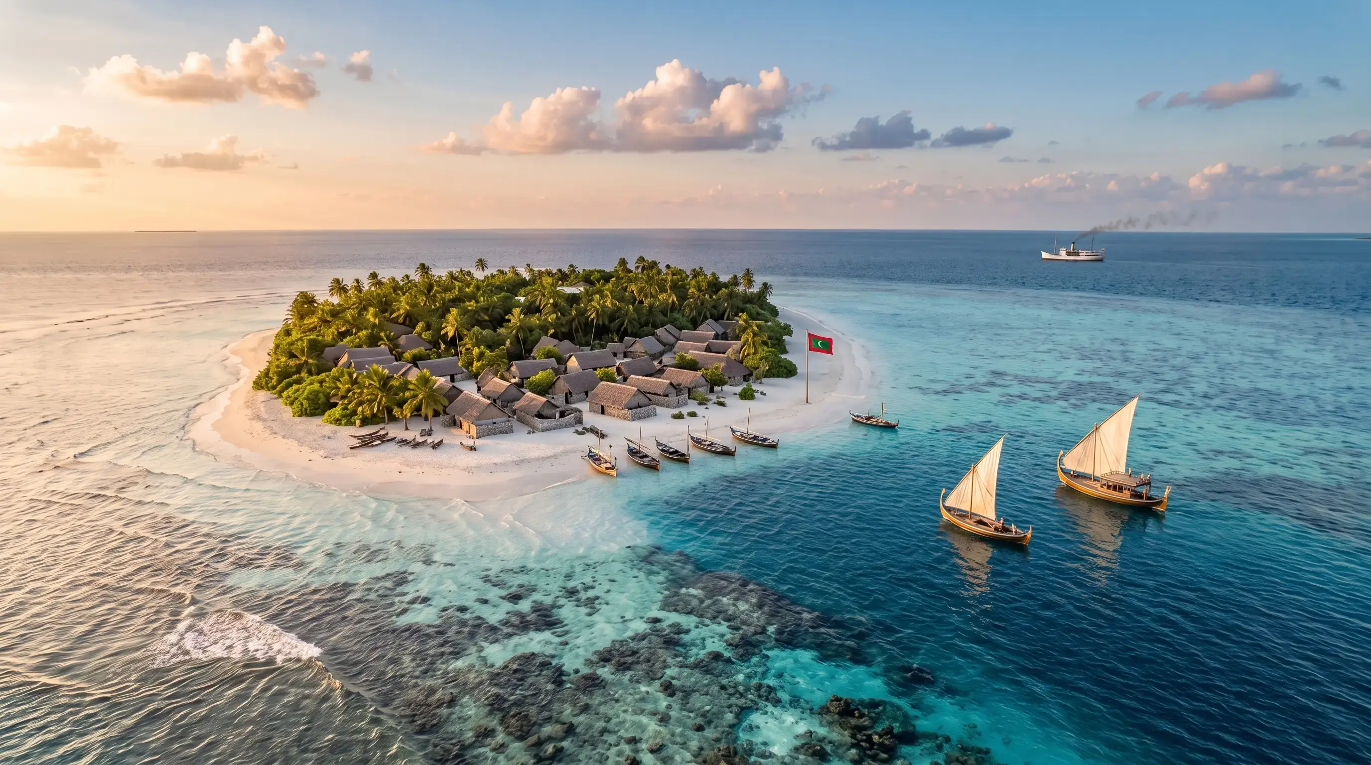 Artistic reconstruction of a Maldivian fishing village island, 1965