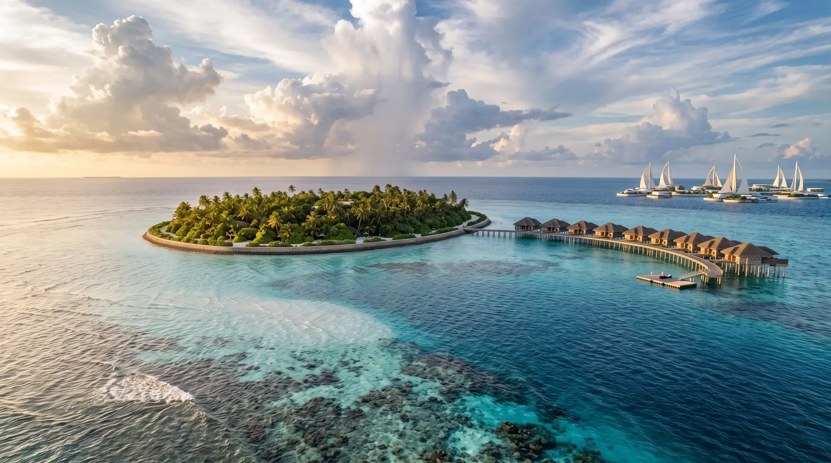Artistic reconstruction of a Maldivian island with risen seas and a floating city, 2100
