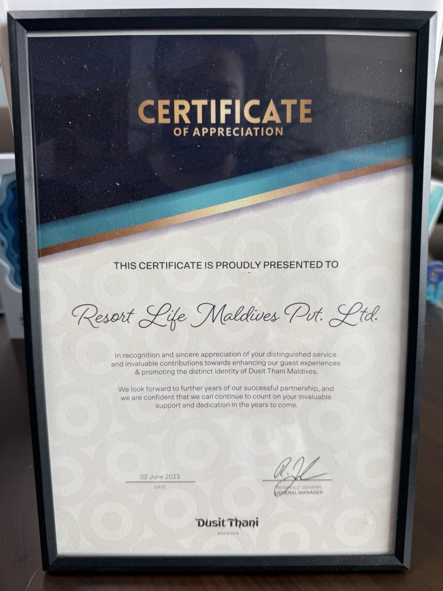 Certificate of Appreciation — Dusit Thani Maldives (2023)