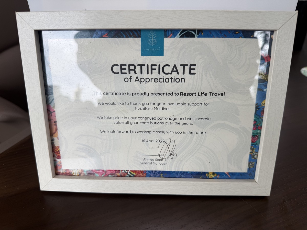 Certificate of Appreciation — Fushifaru Maldives (2022)
