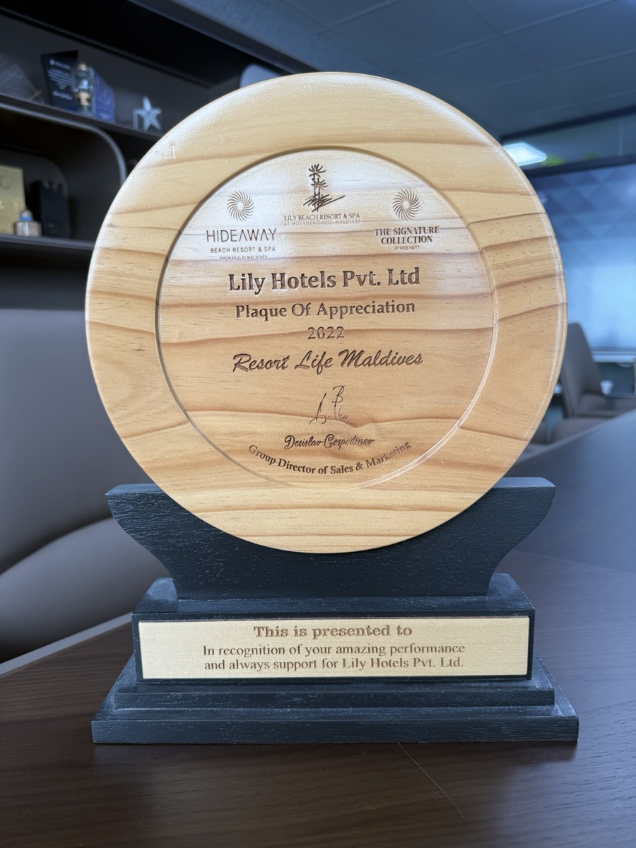 Plaque of Appreciation — Lily Hotels — Lily Beach & Hideaway (2022)