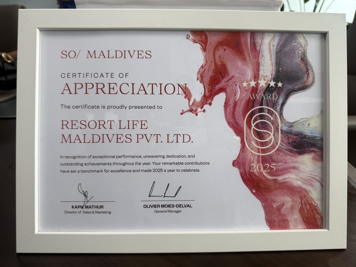 Certificate of Appreciation — SO/ Maldives (2025)